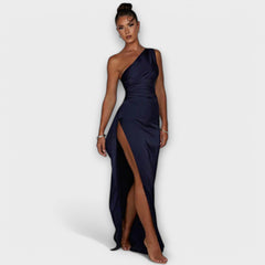 Asymmetric Maxi Dress with Draping on One Sleeve