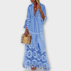 Classic Bohemian Style Long Sleeve Dress with Long Sleeves, Lace, and Fringes