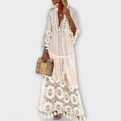 Classic Bohemian Style Long Sleeve Dress with Long Sleeves, Lace, and Fringes
