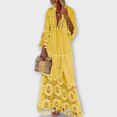 Classic Bohemian Style Long Sleeve Dress with Long Sleeves, Lace, and Fringes