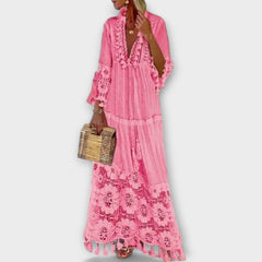 Classic Bohemian Style Long Sleeve Dress with Long Sleeves, Lace, and Fringes