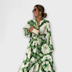 MELINA | Green Maxi Dress with Long Sleeves and V-Neck
